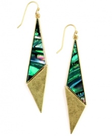 The retro-cool vibe of RACHEL Rachel Roy's fresh triangle earrings spells 80s chic. Funky shell-colored resin combines with gold accents for an angular aesthetic. Setting and fishwire crafted in gold tone mixed metal. Approximate drop: 3-1/4 inches. The retro-cool vibe of RACHEL Rachel Roy's fresh triangle earrings spells 80s chic. Funky shell-colored resin combines with gold accents for an angular aesthetic. Setting and fishwire crafted in gold tone mixed metal. Approximate drop: 3-1/4 inches.