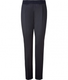 Jil Sanders navy virgin wool pants are an artfully crafted example of elegant, precision tailoring - Medium-rise, slim cut style with a touch of stretch - Banded waist and side zip - Crease detail flatters and elongates the leg - Pant tapers and crops at ankles with a sleek vent - Polished and effortlessly chic, perfect for pairing with button downs or pullovers and ballet flats or pumps Jil Sanders navy virgin wool pants are an artfully crafted example of elegant, precision tailoring - Medium-rise, slim cut style with a touch of stretch - Banded waist and side zip - Crease detail flatters and elongates the leg - Pant tapers and crops at ankles with a sleek vent - Polished and effortlessly chic, perfect for pairing with button downs or pullovers and ballet flats or pumps