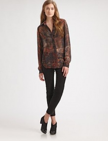 Pixelated plaid print, hidden button front and a hi-lo hem renew this semi-sheer silk staple. Point collarHidden button frontLong sleeves with buttoned cuffsPleated at back yokeSplit hi-lo hemSilkDry cleanImported of Italian fabricModel shown is 5'11 (178cm) wearing US size 4. Pixelated plaid print, hidden button front and a hi-lo hem renew this semi-sheer silk staple. Point collarHidden button frontLong sleeves with buttoned cuffsPleated at back yokeSplit hi-lo hemSilkDry cleanImported of Italian fabricModel shown is 5'11 (178cm) wearing US size 4.
