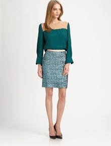 Silk-trimmed blouse in a colorblock print, backed by a keyhole detail and pretty ruffle trim. RoundneckLong sleevesButtoned cuffsRuffle trim at back; back keyhole closureBody: 53% viscose/47% rayon; Contrast: SilkDry cleanImportedModel shown is 5'10 (177cm) wearing US size 0. Silk-trimmed blouse in a colorblock print, backed by a keyhole detail and pretty ruffle trim. RoundneckLong sleevesButtoned cuffsRuffle trim at back; back keyhole closureBody: 53% viscose/47% rayon; Contrast: SilkDry cleanImportedModel shown is 5'10 (177cm) wearing US size 0.