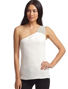 THE LOOKOne shoulder with rhinestone detailsSide zip closureDraped bodiceTHE FITAbout 25 from shoulder to longest point of hemTHE MATERIALSilkCARE & ORIGINHand washMade in USA THE LOOKOne shoulder with rhinestone detailsSide zip closureDraped bodiceTHE FITAbout 25 from shoulder to longest point of hemTHE MATERIALSilkCARE & ORIGINHand washMade in USA