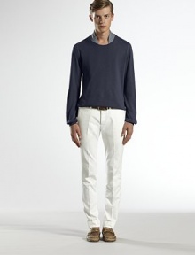 Light cotton drill pant with blue/red/blue web detail.Front slash pocketsBack flap pockets with button closure6.7 leg opening width100% cottonDry cleanMade in Italy Light cotton drill pant with blue/red/blue web detail.Front slash pocketsBack flap pockets with button closure6.7 leg opening width100% cottonDry cleanMade in Italy