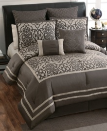 Both traditional and elegant, this Adahlia comforter set features a neutral palette of tan and brown. With a center panel embellished by a flourish design and framed by simple stripes, this set evokes an utterly classic and coordinated feel.