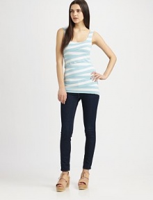 Striped stretch jersey wraps around the bodice in this sleek body-con tank.ScoopneckSleevelessPullover styleAbout 27 from shoulder to hem96% rayon/4% spandexDry cleanMade in USAModel shown is 5'9 (175cm) wearing US size Small. Striped stretch jersey wraps around the bodice in this sleek body-con tank.ScoopneckSleevelessPullover styleAbout 27 from shoulder to hem96% rayon/4% spandexDry cleanMade in USAModel shown is 5'9 (175cm) wearing US size Small.