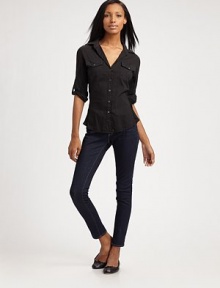 Ribbed jersey knit side panels add softness to a basic woven button down. Sexy fitted shapeButtoned flap pocketsRoll-up cuffs with button tabCottonMachine washMade in USA Ribbed jersey knit side panels add softness to a basic woven button down. Sexy fitted shapeButtoned flap pocketsRoll-up cuffs with button tabCottonMachine washMade in USA