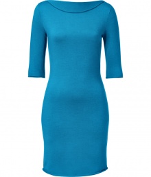 Detailed in a cool shade of Caribbean blue cashmere-silk, Ralph Lauren Blacks luxe knit dress is as uplifting as it is chic - Rolled boat neckline, elbow-length sleeves, pull-over style - Form-fitting - Wear with heels and statement gold jewelry
