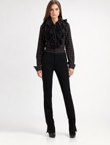 Part equestrian ease, part tuxedo elegance, this slim pant can be as sporty or as dressy as you need it to be, styled in rich stretch wool crepe with a flattering slim fit.Bandless waistFly frontInside adjustable button waist tabsCenter back notchBack buckle detailBack welt pocketsSilk side tuxedo stripesSide split hemRegular riseInseam Part equestrian ease, part tuxedo elegance, this slim pant can be as sporty or as dressy as you need it to be, styled in rich stretch wool crepe with a flattering slim fit.Bandless waistFly frontInside adjustable button waist tabsCenter back notchBack buckle detailBack welt pocketsSilk side tuxedo stripesSide split hemRegular riseInseam