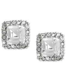 Shapely sophistication. These stud earrings from Betsey Johnson glisten with large faceted crystal accents surrounded by smaller pave accents. Crafted in imitation rhodium tone mixed metal. Approximate drop: 3/8 inch. Shapely sophistication. These stud earrings from Betsey Johnson glisten with large faceted crystal accents surrounded by smaller pave accents. Crafted in imitation rhodium tone mixed metal. Approximate drop: 3/8 inch.