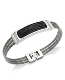 Industrial chic. This sturdy, yet stylish men's bracelet features a stainless steel cable setting that highlights a black ion plated center and two parallel rows of round-cut diamonds (1/6 ct. t.w.). Approximate length: 8-1/4 inches. Industrial chic. This sturdy, yet stylish men's bracelet features a stainless steel cable setting that highlights a black ion plated center and two parallel rows of round-cut diamonds (1/6 ct. t.w.). Approximate length: 8-1/4 inches.