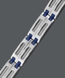 Functional style meets modern design. Men's bracelet features a structurally sound cable link design, set in stainless steel with blue ceramic accents. Approximate length: 8-1/2 inches. Functional style meets modern design. Men's bracelet features a structurally sound cable link design, set in stainless steel with blue ceramic accents. Approximate length: 8-1/2 inches.