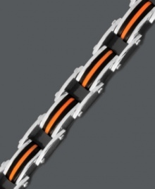 Take your look to the edge with this sporty bike chain bracelet. Crafted in stainless steel with bright orange and black rubber accents. Approximate length: 8-1/2 inches. Take your look to the edge with this sporty bike chain bracelet. Crafted in stainless steel with bright orange and black rubber accents. Approximate length: 8-1/2 inches.