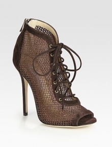 Lace-up suede style with a back zipper, peep toe and glittery mesh sides. Self-covered heel, 5 (125mm)Suede and glitter-coated mesh upperBack zipperLeather lining and solePadded insoleMade in Italy Lace-up suede style with a back zipper, peep toe and glittery mesh sides. Self-covered heel, 5 (125mm)Suede and glitter-coated mesh upperBack zipperLeather lining and solePadded insoleMade in Italy