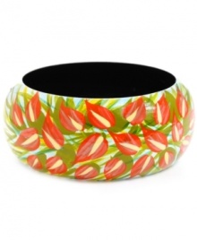 Infuse your look with the wild colors and funky patterns of Brasil. Crafted in painted wood, Haskell's Floral bangle features an orange, yellow and green leaf pattern. Approximate diameter: 2-1/2 inches. Approximate length: 8 inches. Infuse your look with the wild colors and funky patterns of Brasil. Crafted in painted wood, Haskell's Floral bangle features an orange, yellow and green leaf pattern. Approximate diameter: 2-1/2 inches. Approximate length: 8 inches.