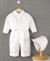 Keep him dapper on his special day in this beautiful suit with matching hat from Lauren Madison.