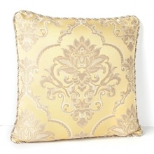 Radiant in golden hue sateen, this Waterford decorative pillow boasts a classic damask design with multi-color twist cord piping. Radiant in golden hue sateen, this Waterford decorative pillow boasts a classic damask design with multi-color twist cord piping.