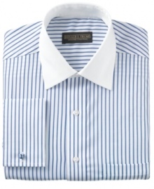 Donald Trump combines classic sophistication and modern comfort with this striped non iron French cuff dress shirt. Donald Trump combines classic sophistication and modern comfort with this striped non iron French cuff dress shirt.