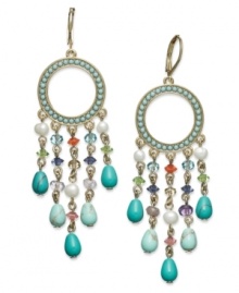 Bold, brash and beautiful. These gypsy hoop earrings from Lauren Ralph Lauren bring the party with reconstituted turquoise beads, imitation pearls and glass accents. Crafted in 14k gold-plated mixed metal. Approximate drop: 2-1/2 inches. Approximate diameter: 7/8 inch/ Bold, brash and beautiful. These gypsy hoop earrings from Lauren Ralph Lauren bring the party with reconstituted turquoise beads, imitation pearls and glass accents. Crafted in 14k gold-plated mixed metal. Approximate drop: 2-1/2 inches. Approximate diameter: 7/8 inch/