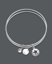 Be charmed by this adorable Studio Silver style. Two sterling silver bangles are held together by three, unique charms including a cut-out star, a simple circle, and a round glass accent. Approximate diameter: 2-1/2 inches. Be charmed by this adorable Studio Silver style. Two sterling silver bangles are held together by three, unique charms including a cut-out star, a simple circle, and a round glass accent. Approximate diameter: 2-1/2 inches.