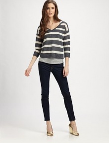 V-back, cropped hem and dropped shoulders infuse this nautical classic with a dose of urban-chic. V-neckDropped shouldersThree-quarter sleevesV-backCropped hi-low hem77% acrylic/13% linen/10% nylonDry cleanImportedModel shown is 5'10 (177cm) wearing US size Small. V-back, cropped hem and dropped shoulders infuse this nautical classic with a dose of urban-chic. V-neckDropped shouldersThree-quarter sleevesV-backCropped hi-low hem77% acrylic/13% linen/10% nylonDry cleanImportedModel shown is 5'10 (177cm) wearing US size Small.