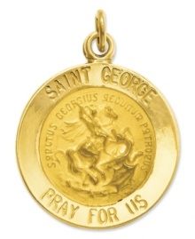 Symbolic style. This intricate medal charm features a divine depiction, as well as the words: Saint George Pray For Us in 14k gold. Chain not included. Approximate length: 9/10 inch. Approximate width: 6/10 inch. Symbolic style. This intricate medal charm features a divine depiction, as well as the words: Saint George Pray For Us in 14k gold. Chain not included. Approximate length: 9/10 inch. Approximate width: 6/10 inch.