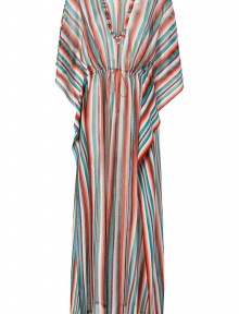 Make a dramatic poolside debut in Missonis ultra glamorous contrast striped kaftan - V-neckline in front and back, draped 3/4 length sleeves, drawstring waistline, sunset stitched trim - Softly fitted with an adjustable drawstring waistline - Pair with studded sandals and an oversized statement tote Make a dramatic poolside debut in Missonis ultra glamorous contrast striped kaftan - V-neckline in front and back, draped 3/4 length sleeves, drawstring waistline, sunset stitched trim - Softly fitted with an adjustable drawstring waistline - Pair with studded sandals and an oversized statement tote
