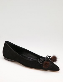 An elegant silhouette of rich Italian suede, punctuated by a mink fur pom-pom bow.Heel, ¼ (5mm) Pointed toe Leather lining and sole Padded insole Made in Italy Fur origin: China