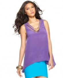 Cascading hardware details at the neckline add a stylish flair to this BCBGMAXAZRIA tank for a dressy spin on a summer staple -- no accessories needed! Cascading hardware details at the neckline add a stylish flair to this BCBGMAXAZRIA tank for a dressy spin on a summer staple -- no accessories needed!