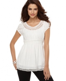 This gauzy short-sleeve top from Studio M features an allover texture and an open crocheted trim for a fresh take on the trendy pleasant blouse. This gauzy short-sleeve top from Studio M features an allover texture and an open crocheted trim for a fresh take on the trendy pleasant blouse.