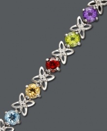 Add a playful touch to any look. This colorful bracelet features flower-shaped links and highlights round-cut blue topaz (1-3/4 ct. t.w.), amethyst (1-1/8 ct. t.w.), citrine (1-9/10 ct. t.w.), peridot (1-1/2 ct. t.w.), garnet (1-3/4 ct. t.w.) and diamond accents. Crafted in sterling silver. Approximate length: 7 inches. Add a playful touch to any look. This colorful bracelet features flower-shaped links and highlights round-cut blue topaz (1-3/4 ct. t.w.), amethyst (1-1/8 ct. t.w.), citrine (1-9/10 ct. t.w.), peridot (1-1/2 ct. t.w.), garnet (1-3/4 ct. t.w.) and diamond accents. Crafted in sterling silver. Approximate length: 7 inches.