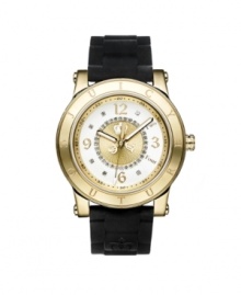 A timepiece with a royal pedigree of its own, by Juicy Couture. HRH watch crafted of black synthetic jelly strap and round gold-plated stainless steel case. Bezel etched with logo. White dial with inner textured gold tone dial crystallized with Swarovski elements features applied gold tone numerals, numeral text at two and four o'clock, black minute track, three hands and logo. Quartz movement. Water resistant to 30 meters. Two-year limited warranty. A timepiece with a royal pedigree of its own, by Juicy Couture. HRH watch crafted of black synthetic jelly strap and round gold-plated stainless steel case. Bezel etched with logo. White dial with inner textured gold tone dial crystallized with Swarovski elements features applied gold tone numerals, numeral text at two and four o'clock, black minute track, three hands and logo. Quartz movement. Water resistant to 30 meters. Two-year limited warranty.