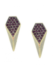 Good point! The pointed teardrop silhouette on BCBGeneration's stylish stud earrings has an edgy effect. Crafted in nickel tone mixed metal, they're adorned with pretty purple glass accents. Approximate diameter: 1 inch. Good point! The pointed teardrop silhouette on BCBGeneration's stylish stud earrings has an edgy effect. Crafted in nickel tone mixed metal, they're adorned with pretty purple glass accents. Approximate diameter: 1 inch.