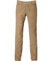 Stylish beige five-pocket corduroy pants from Save Khaki - Look sophisticated while being comfortable in these fashionable pants - Relaxed fit with classic jean styling with button fly - Wear with a cashmere pullover, a tweed blazer, and boots