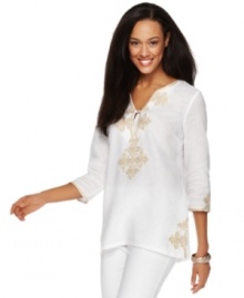 Greet warm weather in this linen tunic from Charter Club, complete with luxe embroidered accents. Pair it with slim cropped pants for everyday style that makes a sophisticated statement. Greet warm weather in this linen tunic from Charter Club, complete with luxe embroidered accents. Pair it with slim cropped pants for everyday style that makes a sophisticated statement.