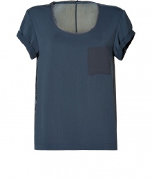 Better than your average basic, this t-shirt boasts a metallic sheer back for extra-added sex appeal - Round neckline, short cuffed sleeves, single chest pocket, high-low hemline, side vents, sheer back - Straight silhouette - Wear with a modern pencil skirt, an envelope clutch, and leather booties Better than your average basic, this t-shirt boasts a metallic sheer back for extra-added sex appeal - Round neckline, short cuffed sleeves, single chest pocket, high-low hemline, side vents, sheer back - Straight silhouette - Wear with a modern pencil skirt, an envelope clutch, and leather booties