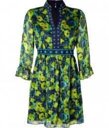 Inject standout style into your office-to-evening look with this vibrant printed mini-dress from Anna Sui - Stand collar, V-neckline with banded contrasting trim, three-quarter sleeve with ruffle cuffs, banded waist, full skirt, mini silhouette, all-over print, concealed back zip closure - Wear with platform pumps and a statement clutch