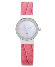 The perfect amount of pink shimmers on this ladylike timepiece from Skagen Denmark.