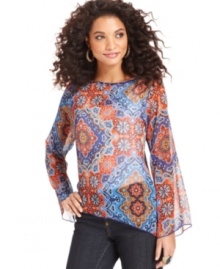 Cha Cha Vente's scarf-inspired shirt offers bold colors on sheer fabric for an ethereal, bohemian vibe. Pair it with a tank top and jeans for effortless style! Cha Cha Vente's scarf-inspired shirt offers bold colors on sheer fabric for an ethereal, bohemian vibe. Pair it with a tank top and jeans for effortless style!
