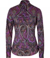 The venerable house of Etro staked its storied name on eye-catching paisley prints, and this elegant, chocolate and violet blouse does not disappoint - Flattering, classic button down style in a soft, multicolor cotton stretch blend - Slim, feminine cut tapers through waist - Small collar, long, cuffed sleeves and full button placket -  Polished and undeniably chic, perfect for pairing with denim, dress trousers, leather pants or pencil skirts