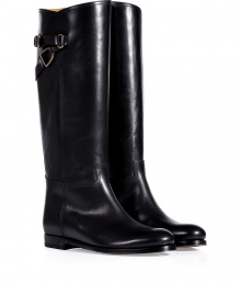 Give your look a flawless equestrian edge with Ralph Lauren Collections burnished black calfskin boots - Rounded toe, buckled top strap, wheeled welt, short stacked leather heel - Knee height - Ideal for wearing with knit dresses, tights and mini-skirts, or ultra skinny jeans Give your look a flawless equestrian edge with Ralph Lauren Collections burnished black calfskin boots - Rounded toe, buckled top strap, wheeled welt, short stacked leather heel - Knee height - Ideal for wearing with knit dresses, tights and mini-skirts, or ultra skinny jeans