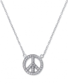 Give peace a chance! Studio Silver's symbolic statement pendant features a cut-out peace sign shape with a unique textured surface. Set in sterling silver with rhodium plating to prevent tarnishing. Approximate length: 16 inches + 2-inch extender. Approximate drop: 1/2 inch. Give peace a chance! Studio Silver's symbolic statement pendant features a cut-out peace sign shape with a unique textured surface. Set in sterling silver with rhodium plating to prevent tarnishing. Approximate length: 16 inches + 2-inch extender. Approximate drop: 1/2 inch.