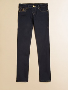 A classic pair of skinny jeans in a dressy dark wash with a feminine, lonestar stitching update.Front button closureAdjustable waistband with buttons and belt loopsZip flyFive-pocket style94% cotton/5% polyester/1% spandexMachine washMade in USA of imported fabric A classic pair of skinny jeans in a dressy dark wash with a feminine, lonestar stitching update.Front button closureAdjustable waistband with buttons and belt loopsZip flyFive-pocket style94% cotton/5% polyester/1% spandexMachine washMade in USA of imported fabric