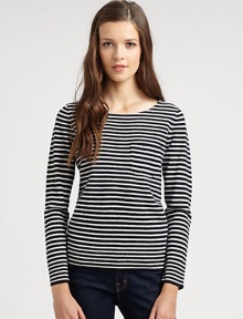 Striped, long-sleeve pocket tee renewed by a plush wool finish and ribbed trim. BoatneckSingle front patch pocketLong sleevesRibbed cuffs and hemWoolDry cleanImportedModel shown is 5'10 (177cm) wearing US size Small. Striped, long-sleeve pocket tee renewed by a plush wool finish and ribbed trim. BoatneckSingle front patch pocketLong sleevesRibbed cuffs and hemWoolDry cleanImportedModel shown is 5'10 (177cm) wearing US size Small.