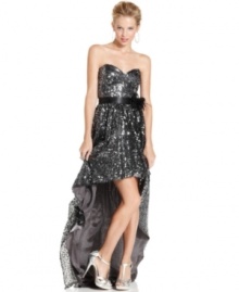 Shine big and bright in this glamorous high-low dress from City Triangles! A sweetheart neckline and satin sash adds fashionable flourish! Shine big and bright in this glamorous high-low dress from City Triangles! A sweetheart neckline and satin sash adds fashionable flourish!