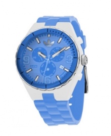 Keep cool under pressure with this ocean-blue Cambridge watch by adidas. Blue silicone bracelet and round clear nylon plastic case with blue bezel insert. Blue grid-patterned chronograph dial features numerals at three, six and nine o'clock, stick indices, minute track, date window at four o'clock, three subdials and logo at twelve o'clock. Quartz movement. Water resistant to 50 meters. Two-year limited warranty.