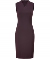 Elegant dress in burgundy-colored synthetic fiber- wool blend - Modern shape is slim, feminine and clean with simple decorative stitching - Sleeveless with a v-neckline, and concealed zip and vent at back - A powerful choice for the office with classic pumps, or for after work with ankle boots and a dramatic clutch