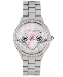 Set your heart aflutter: Betsey Johnson decked out this watch with tattoo-inspired graphics. Crafted of stainless steel bracelet and round case. Bezel embellished with crystal accents. Pink mother-of pearl dial features winged heart graphic, silver tone dot markers, silver tone hour and minute hands, signature fuchsia second hand and logo at twelve o'clock. Quartz movement. Water resistant to 30 meters. Two-year limited warranty. Set your heart aflutter: Betsey Johnson decked out this watch with tattoo-inspired graphics. Crafted of stainless steel bracelet and round case. Bezel embellished with crystal accents. Pink mother-of pearl dial features winged heart graphic, silver tone dot markers, silver tone hour and minute hands, signature fuchsia second hand and logo at twelve o'clock. Quartz movement. Water resistant to 30 meters. Two-year limited warranty.