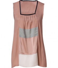 With a whimsical bohemian feel, this color block top from Schumacher is causal yet fashion-forward - Square neck, sleeveless, pleat-detailed bust, colorblock front panel and back shoulder and hem, flared silhouette - Pair with cropped trousers, a slim blazer, and platform pumps With a whimsical bohemian feel, this color block top from Schumacher is causal yet fashion-forward - Square neck, sleeveless, pleat-detailed bust, colorblock front panel and back shoulder and hem, flared silhouette - Pair with cropped trousers, a slim blazer, and platform pumps