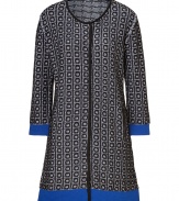 With a chic mix of pattern and colorblock, Steffen Schrauts jacquard woven coat is a contemporary way to dress up workweek looks - Collarless, long sleeves, royal blue cuffs and trim, side slit pockets, hidden front closures - Loosely tailored fit - Wear over a sheath dress with pin heels and a leather tote