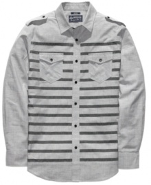 It's time to cast away your old shirts and set sail with this nautical-inspired woven shirt from American Rag. It's time to cast away your old shirts and set sail with this nautical-inspired woven shirt from American Rag.