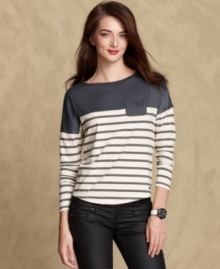 Set your sights on stripes in Tommy Hilfiger's classic top, featuring mixed materials for a charming touch. Set your sights on stripes in Tommy Hilfiger's classic top, featuring mixed materials for a charming touch.